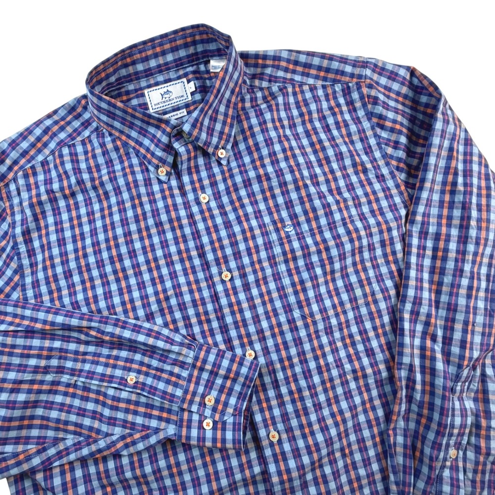 Southern Tide Mens Large Classic Fit Button Down Shirt Blue Orange Plaid Cotton